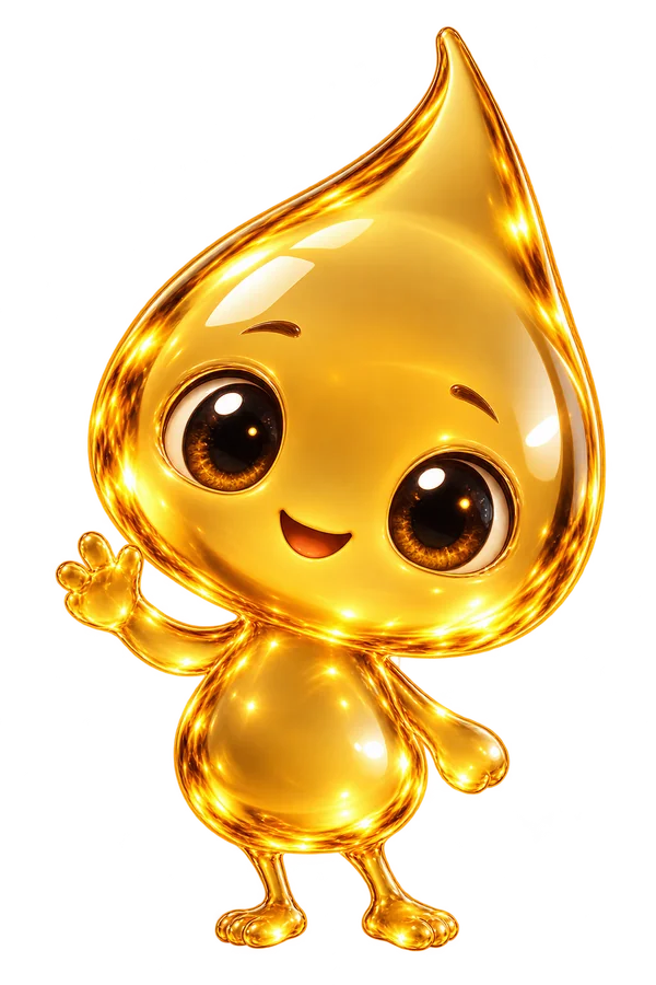 A smiling golden droplet character with big expressive eyes and delicate feet