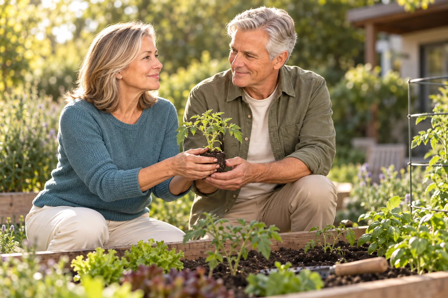 The fictional older couple sharing a tomato seedling in their garden
